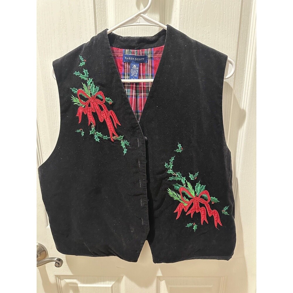Vintage Karen Scott Vest Women's Large Black Christmas Velvet Button Vest Snow